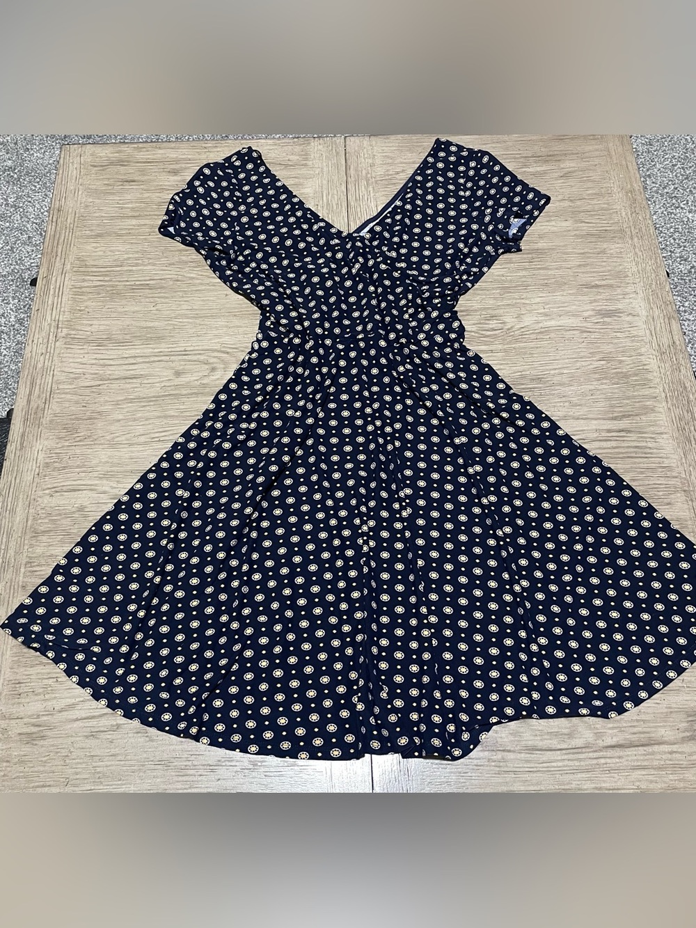 Kaileigh women’s dress, large, navy blue with yellow and white accents.